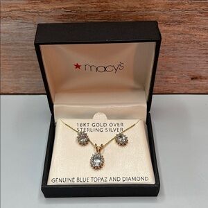 Macy's 18kt Gold over sterling silver Blue Topaz and Diamond Necklace & Earrings